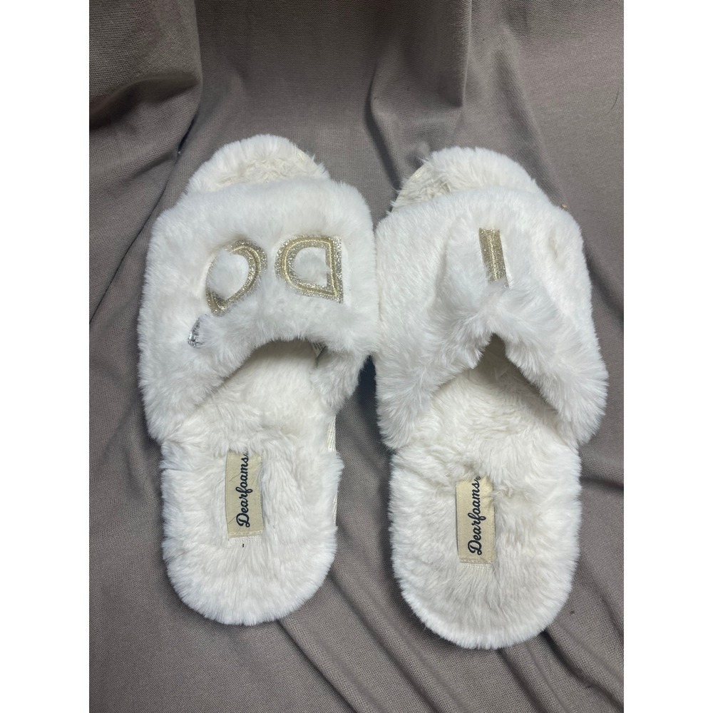 Dearfoams Slippers I Do Womens Size M 7-8 White Faux Fur‎ Slip On Bridal Slides - Picture 3 of 5